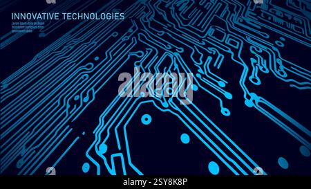 Circuit board technology background. Blue lines represent data flow. Suitable for IT solutions. Dark gradient modern vector illustration. Stock Vector