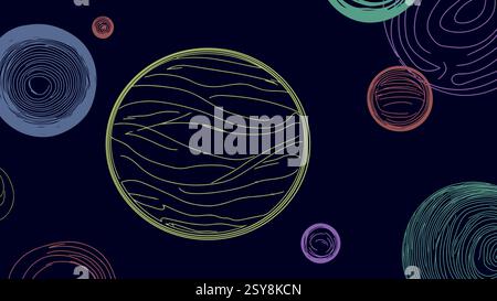 Abstract circles dark background. Different shapes colors patterns. Perfect presentations web design. Minimalist art top view vector illustration. Stock Vector