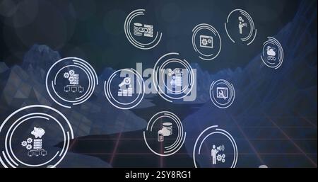 Image of circular scanners processing over business and data icons over dark digital landscape Stock Photo