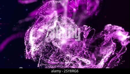 Image of glowing pink particle waves and red and blue flashes moving on black background Stock Photo