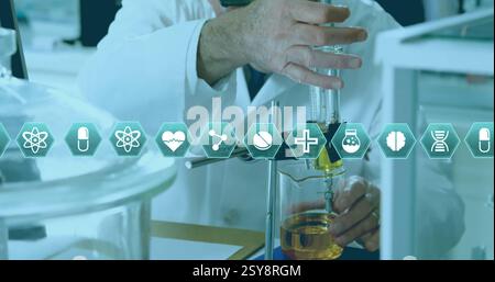 Image of medical icons over caucasian male scientists working at laboratory Stock Photo