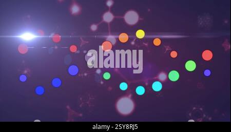 Image of colourful shapes moving over molecules and dna strand Stock Photo
