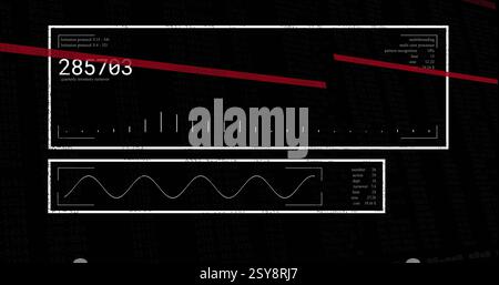 Image of red lines over numeric data and charts processing on black background Stock Photo
