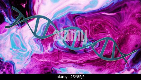 Image of blue dna strand rotating over moving pink and blue liquid Stock Photo