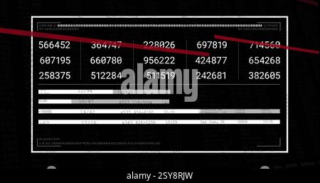 Image of red lines over numeric data processing on black background Stock Photo