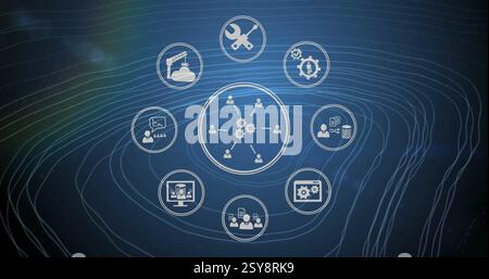 Image of circular scanners and business and network icons processing over contours on dark blue Stock Photo