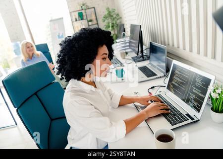 Businesswoman working on a laptop at a modern office station, collaborating with her colleagues Stock Photo