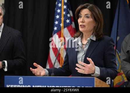 Albany, New York / United States 2/25/25 New York Gov. Kathy Hochul speaks to reporters during a news conference. Stock Photo