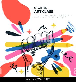Brush and multicolor pencils in human hand on paints blots background. Kids creative art and craft class concept. Vector hand drawn overlay sketch ill Stock Vector