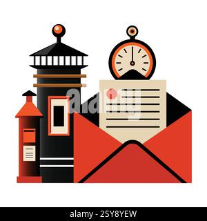 Post Office Concept - Envelope with arrival time showing along post office boxes Stock Vector