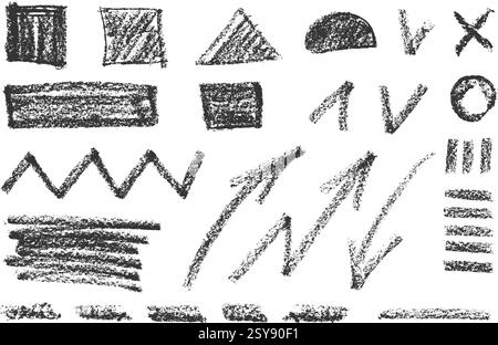 Charcoal pencil hand drawing geometrical shapes, arrows, lines, zig zag. Black elements on white background. Grunge chalk crayon scribbles doodles Stock Vector