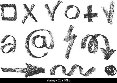 Charcoal pencil hand drawing check box with marks v, x, plus shapes. Black elements on white. Grunge chalk crayon scribbles doodles textures loading Stock Vector
