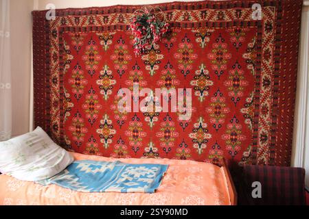 a vintage red colorful carpet hanging on the wall by the old wooden bed with a white pillow and bright blankets, retro style interior, home, lifestyle Stock Photo