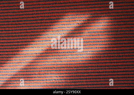 The blue-and-red carpet's texture on the floor in the sunlight, closeup photo, thin lines, beautiful cultural traditional art, background, wallpaper Stock Photo