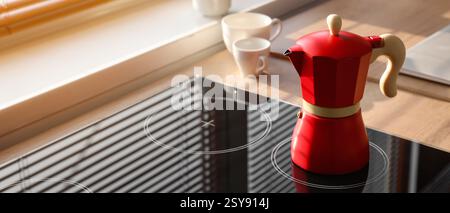 Geyser coffee maker on electric stove in kitchen Stock Photo