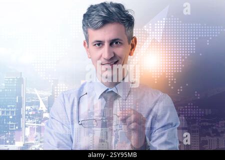 Business success. Multiple exposure of man, graph and cityscape Stock Photo