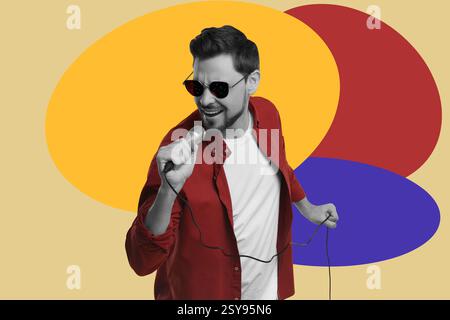 Singer's performance poster. Man with microphone on bright background ...
