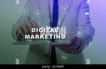 Digital marketing. Businessman holding tablet computer, color toning. Scheme with icons Stock Photo