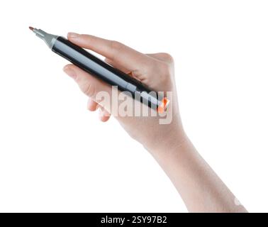Woman with double sided marker on white background, closeup Stock Photo