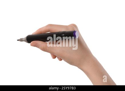Woman with double sided marker on white background, closeup Stock Photo