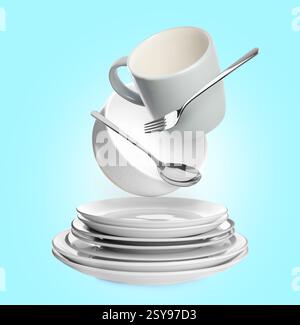 Clean dishware and silverware flying over stacked plates on light blue background Stock Photo
