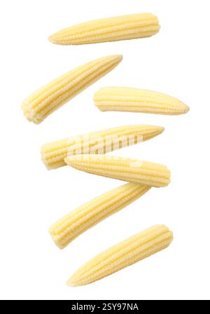 Yellow baby corn cobs in air on white background Stock Photo