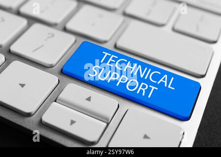 Technical Support button blue on computer keyboard, closeup Stock Photo