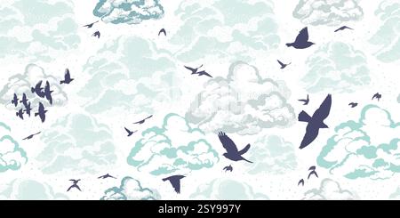 Clouds seamless background with flying birds . hand drawn. Not AI, Vector illustration Stock Vector