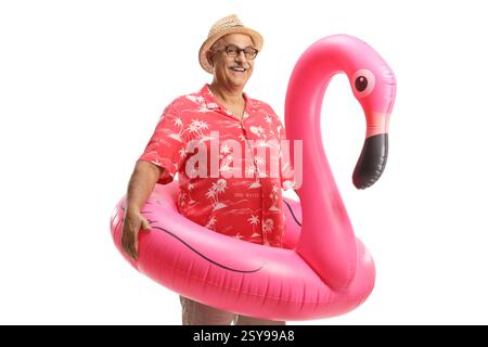Man with a big inflatable flamingo rubber ring isolated on white background Stock Photo