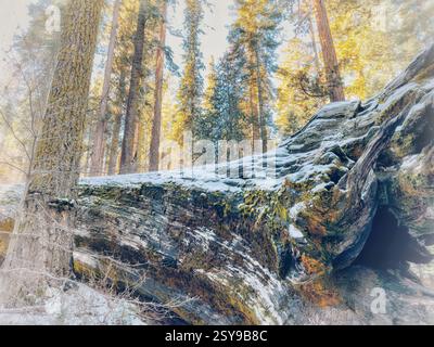 Towering sequoia trees stands tall in a snowy forest with a massive fallen tree lie in the foreground at Sequoia National Park, California. Stock Photo