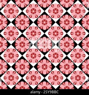 Seamless floral geometric pattern with lowers on tiles vector illustration Stock Vector