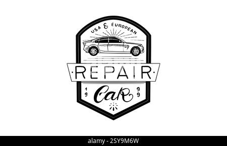 Car mechanic or auto repair shop for your brand. hand drawn emblems for business in garage service. engraved traditional badge Stock Vector