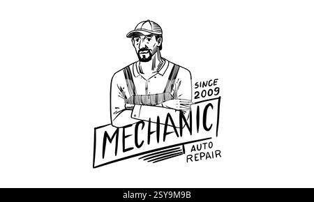 Car mechanic or auto repair shop for your brand. hand drawn emblems for business in garage service. engraved traditional badge Stock Vector
