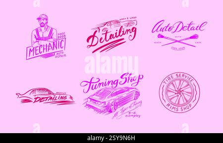 car detail centre or body shop badges. mechanic and other auto repair emblems for business . Wash and tire service in hand drawn engraved traditional Stock Vector