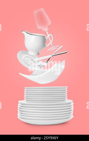 Clean dishware, glass and silverware flying over plates on pink background Stock Photo