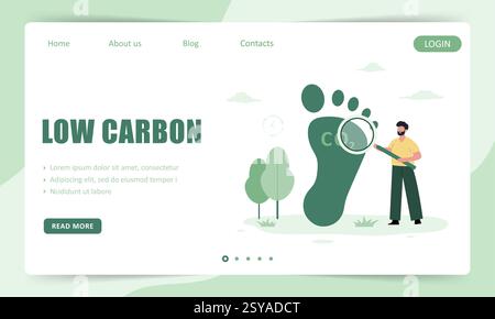 Low carbon. Landing page template. CO2 footprint, environmental pollution. Climate change. Net zero. Female character with magnifier. Vector Stock Vector