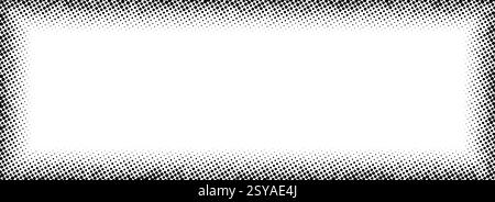 Halftone rectangle grain frame. Black comic dotted border. Pop art fading gradient frame backdrop. Black and white grunge abstract framing background. Dot texture graphic design wallpaper. Vector Stock Vector