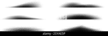 Halftone shadows set. Black dotted gradient stripes collection. Half tone textured shades pack for divide and separate. Horizontal pixelated grain line patterns. Vector noise dots and particles strips Stock Vector