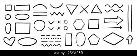 Black chalk hand drawn shapes and frames set. Scribbled charcoal element collection. Pencil sketch sign and symbols for diagram and plan. Rough arrows, ovals, squares, rectangles, squiggles. Vector Stock Vector