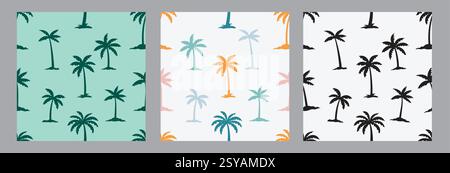 Palm tree drawing seamless clipart set. Palm trees drawing, colorful and silhouette print and pattern clip art for wallpaper continuous background Stock Vector