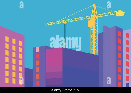 Cranes are actively working on a construction site surrounded by colorful buildings in a modern urban setting during the day, showcasing real estate d Stock Photo