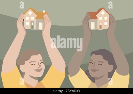 Two diverse individuals express joy and accomplishment while holding model houses above their heads against a backdrop that suggests a serene environm Stock Photo