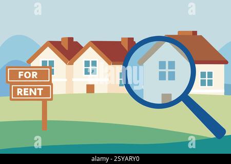 A colorful illustration shows houses with a for rent sign in front. A magnifying glass emphasizes the search for available rental properties. Stock Photo