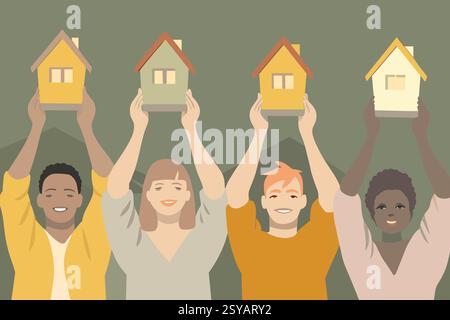 A diverse group of four individuals joyfully raises vibrant house models, symbolizing home ownership and community spirit in a creative illustration. Stock Photo