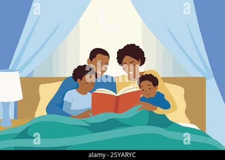 A family gathers in a cozy bedroom, sharing a storybook as they enjoy each other's company in a warm and inviting atmosphere during the evening. Stock Photo