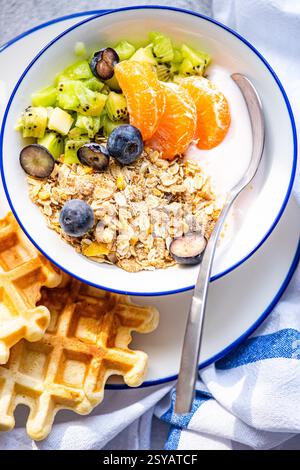 A vibrant breakfast bowl filled with kiwi, mandarin, and blueberries atop yogurt and granola, accompanied by waffles. Perfect for a healthy start to t Stock Photo