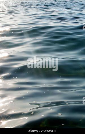 Sunlight dances on calm ocean waves, creating a sparkling reflection. The serene and peaceful scene offers a sense of tranquility, perfect for relaxat Stock Photo