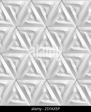 A seamless 3D geometric pattern featuring triangular shapes in a monochrome palette. This abstract illustration is ideal for modern wallpaper and text Stock Photo