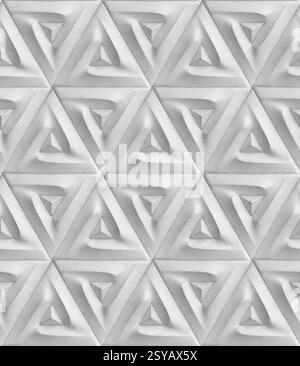 A detailed 3D geometric pattern featuring triangular elements in a seamless design. Perfect for modern wallpaper applications and abstract artistic il Stock Photo