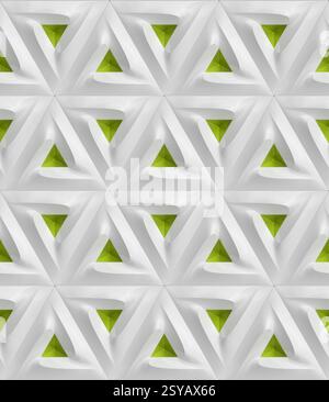 Abstract 3D geometric pattern featuring repetitive green and white triangular shapes. The design creates a modern and dynamic wallpaper, perfect for c Stock Photo